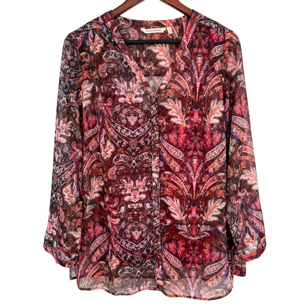 Soft Surroundings Sz Medium Super Sparkly Floral Blouse Shirt Top Long Sleeve